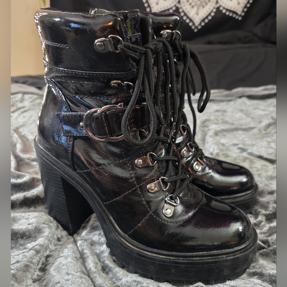 Shiny Black Lace-Up Boots
